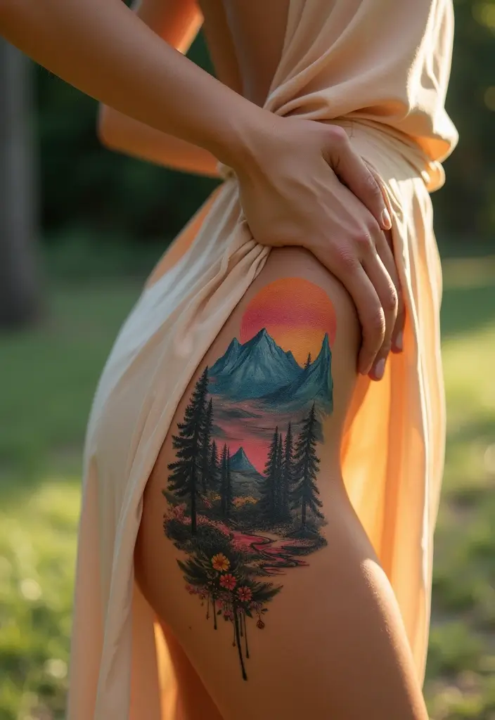 27 Alluring Side Thigh Tattoos for Women: Feminine & Bold - 27. Dreamy Landscape Tattoos