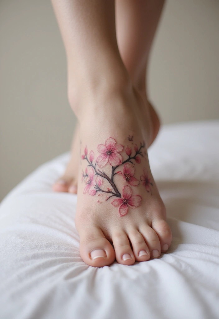 27 Charming Foot Tattoos for Women: Elegant & Unique Ideas - 10. Charming Cherry Blossoms