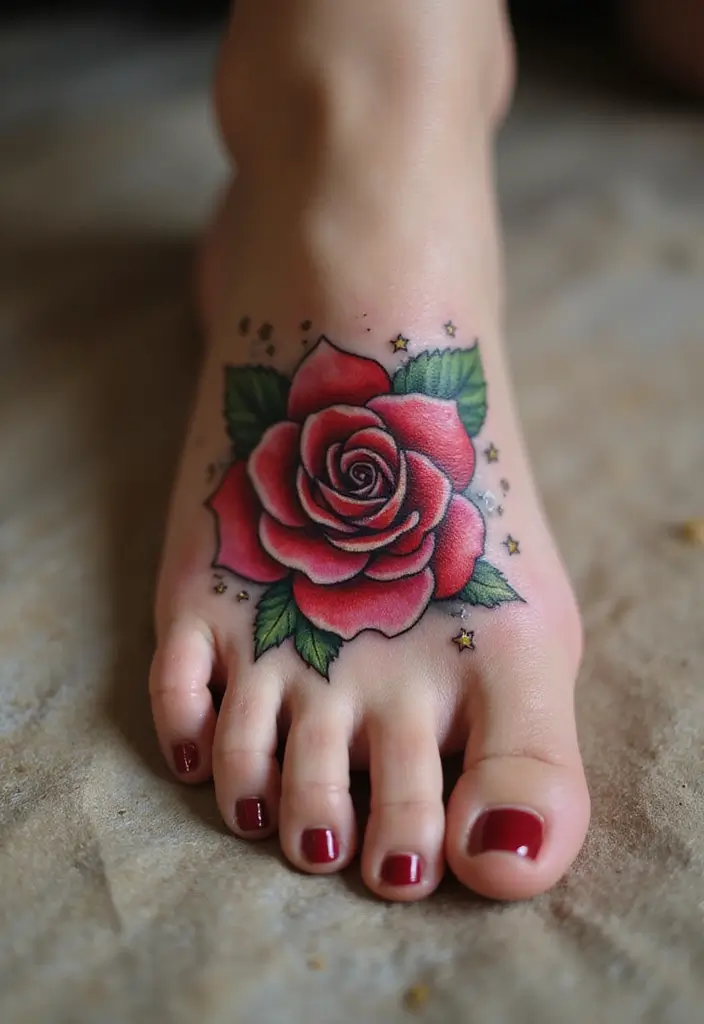 27 Charming Foot Tattoos for Women: Elegant & Unique Ideas - 12. Starlit Rose
