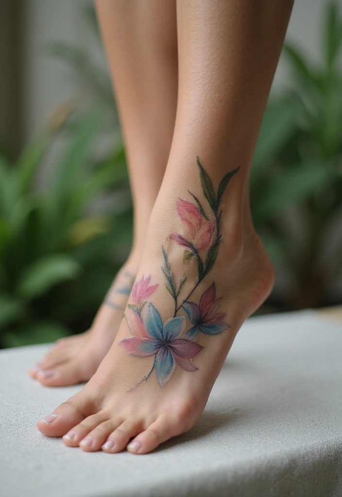 27 Charming Foot Tattoos for Women: Elegant & Unique Ideas - 19. Serene Watercolor Petals