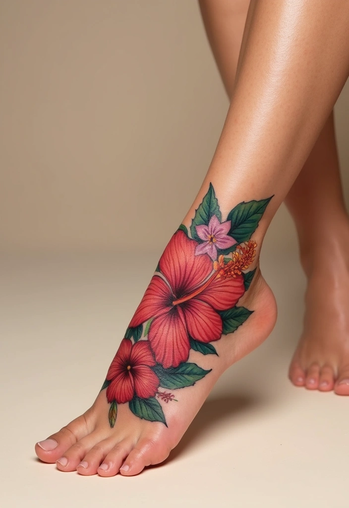 27 Charming Foot Tattoos for Women: Elegant & Unique Ideas - 21. Vibrant Hibiscus