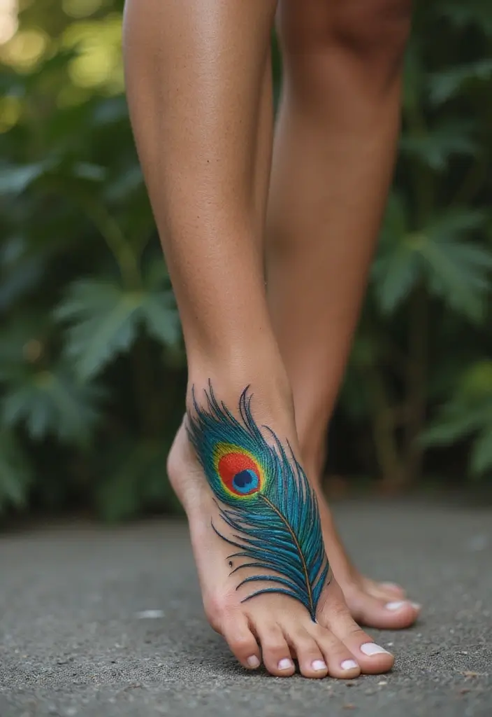 27 Charming Foot Tattoos for Women: Elegant & Unique Ideas - 22. Artistic Peacock Feather