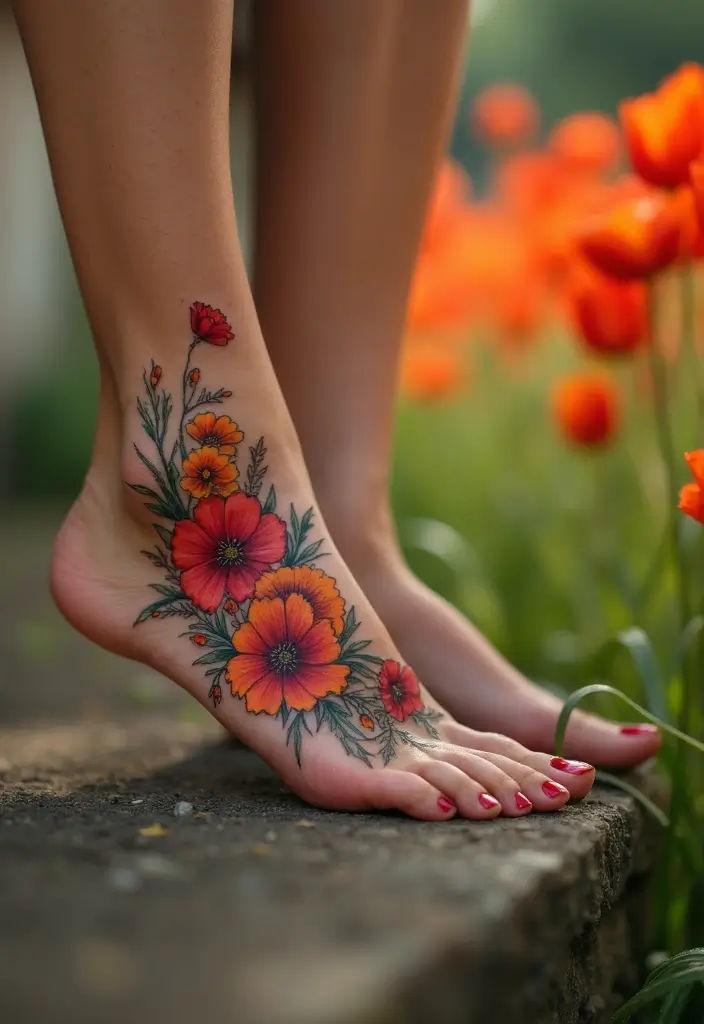 27 Charming Foot Tattoos for Women: Elegant & Unique Ideas - 23. Unique Poppy Field