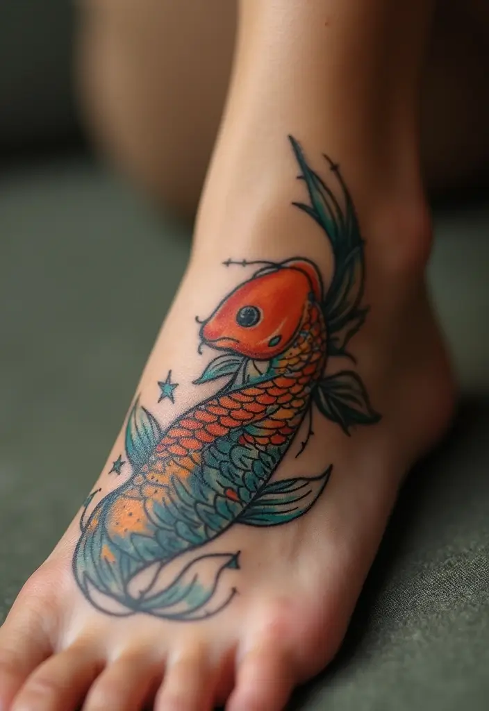 27 Charming Foot Tattoos for Women: Elegant & Unique Ideas - 24. Koi Fish