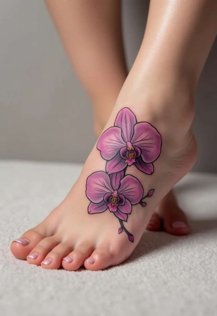 27 Charming Foot Tattoos for Women: Elegant & Unique Ideas - 26. Elegant Orchid
