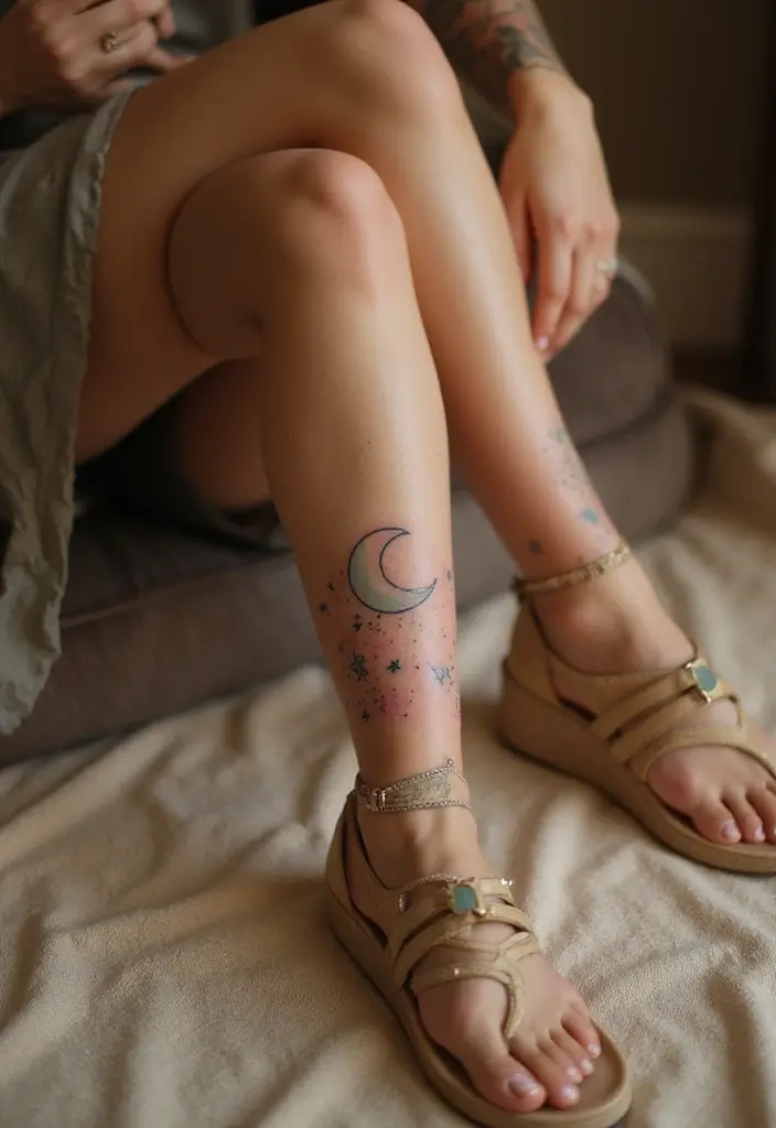 27 Charming Foot Tattoos for Women: Elegant & Unique Ideas - 6. Whimsical Moon & Stars