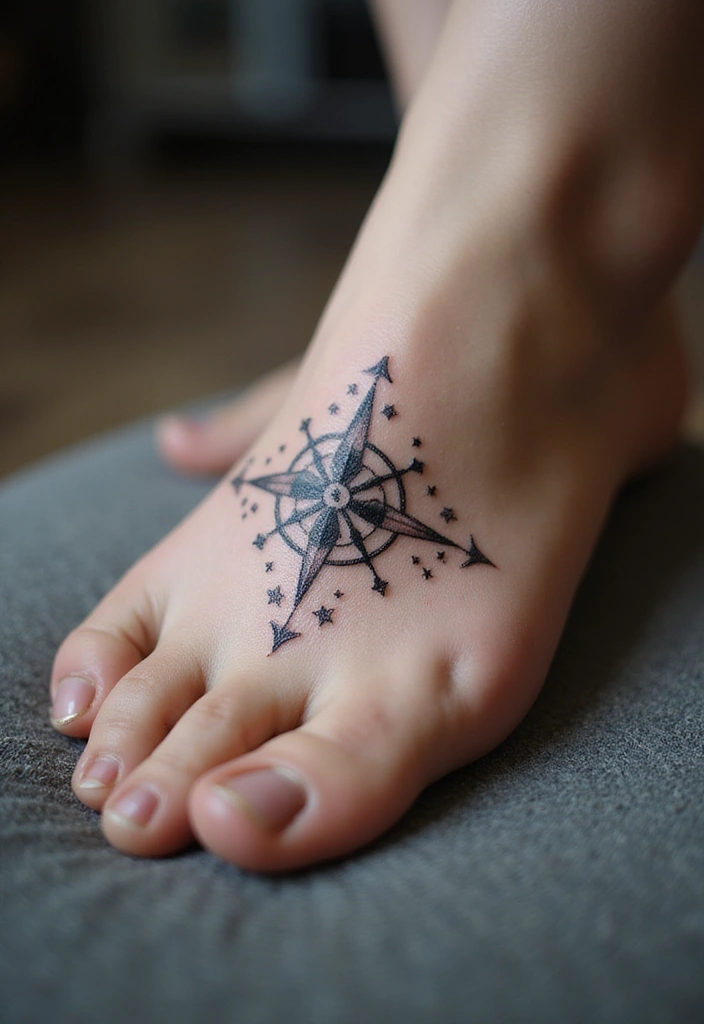 27 Charming Foot Tattoos for Women: Elegant & Unique Ideas - 8. Starry Compass