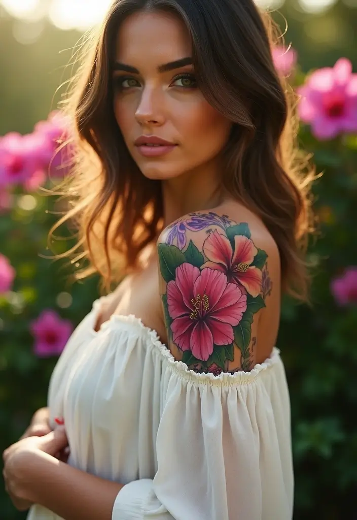 27 Chic Shoulder Tattoos for Women: Stylish & Symbolic Designs - 16. Vibrant Bougainvillea