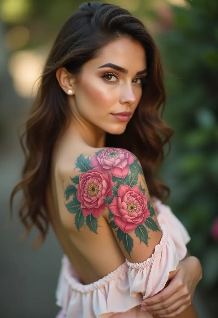 27 Chic Shoulder Tattoos for Women: Stylish & Symbolic Designs - 19. Dreamy Peony and Rose Combos