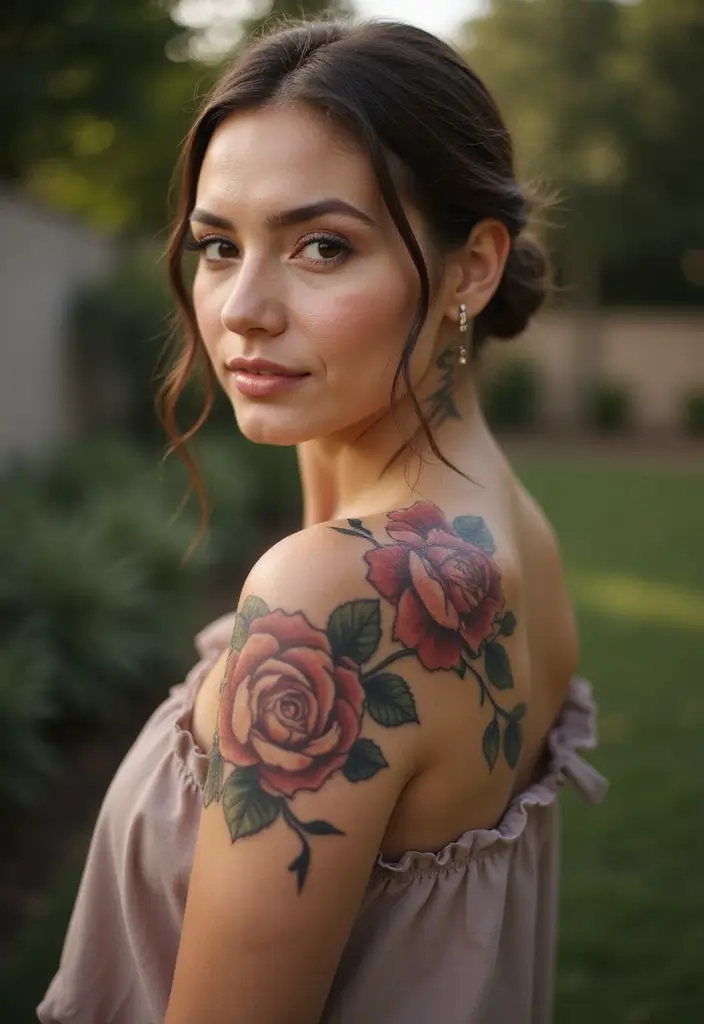 27 Chic Shoulder Tattoos for Women: Stylish & Symbolic Designs - 2. Elegant Rose Designs