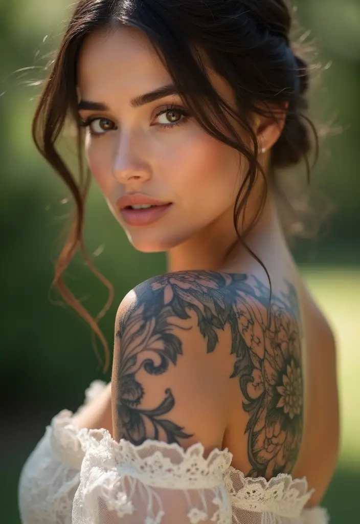 27 Chic Shoulder Tattoos for Women: Stylish & Symbolic Designs - 20. Intricate Floral Lace