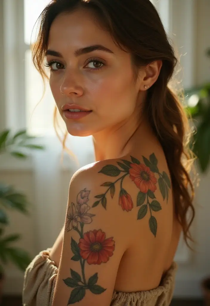 27 Chic Shoulder Tattoos for Women: Stylish & Symbolic Designs - 23. Seasonal Floral Tattoos