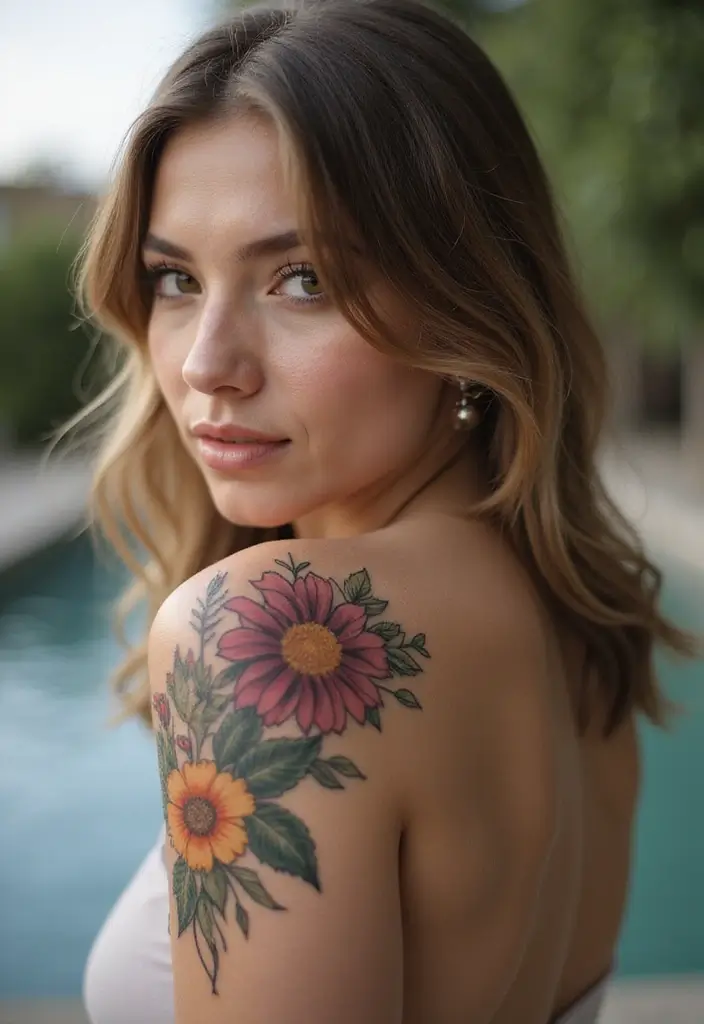 27 Chic Shoulder Tattoos for Women: Stylish & Symbolic Designs - 24. Floral-Infused Geometric Shapes