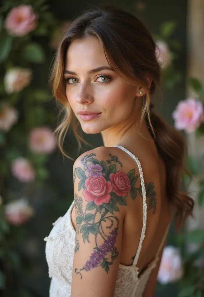 27 Chic Shoulder Tattoos for Women: Stylish & Symbolic Designs - 25. Soft Floral Wraps
