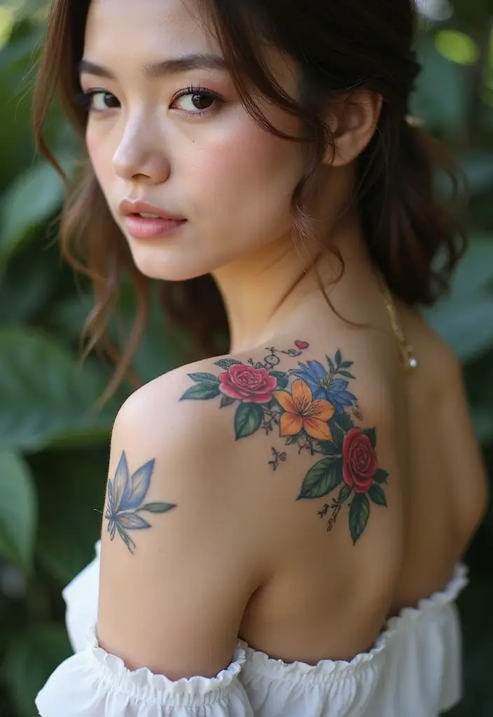 27 Chic Shoulder Tattoos for Women: Stylish & Symbolic Designs - 26. Personal Floral Tributes