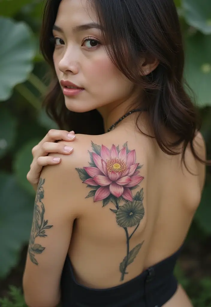 27 Chic Shoulder Tattoos for Women: Stylish & Symbolic Designs - 3. Lotus Flower Inspirations