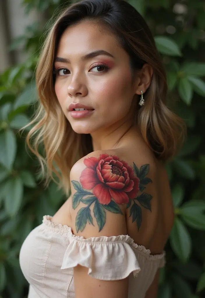 27 Chic Shoulder Tattoos for Women: Stylish & Symbolic Designs - 4. Artistic Peonies