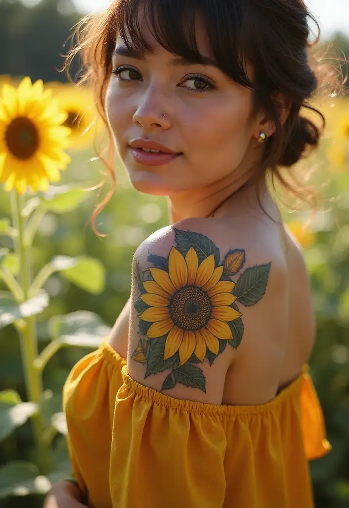 27 Chic Shoulder Tattoos for Women: Stylish & Symbolic Designs - 6. Bold Sunflowers