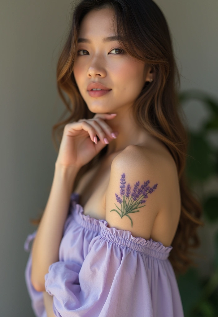 27 Chic Shoulder Tattoos for Women: Stylish & Symbolic Designs - 9. Charming Lavender