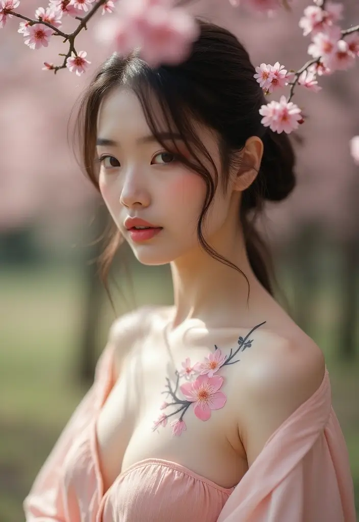 27 Elegant Chest Tattoos for Women: Meaningful & Artistic - 13. Cherry Blossom Dreams