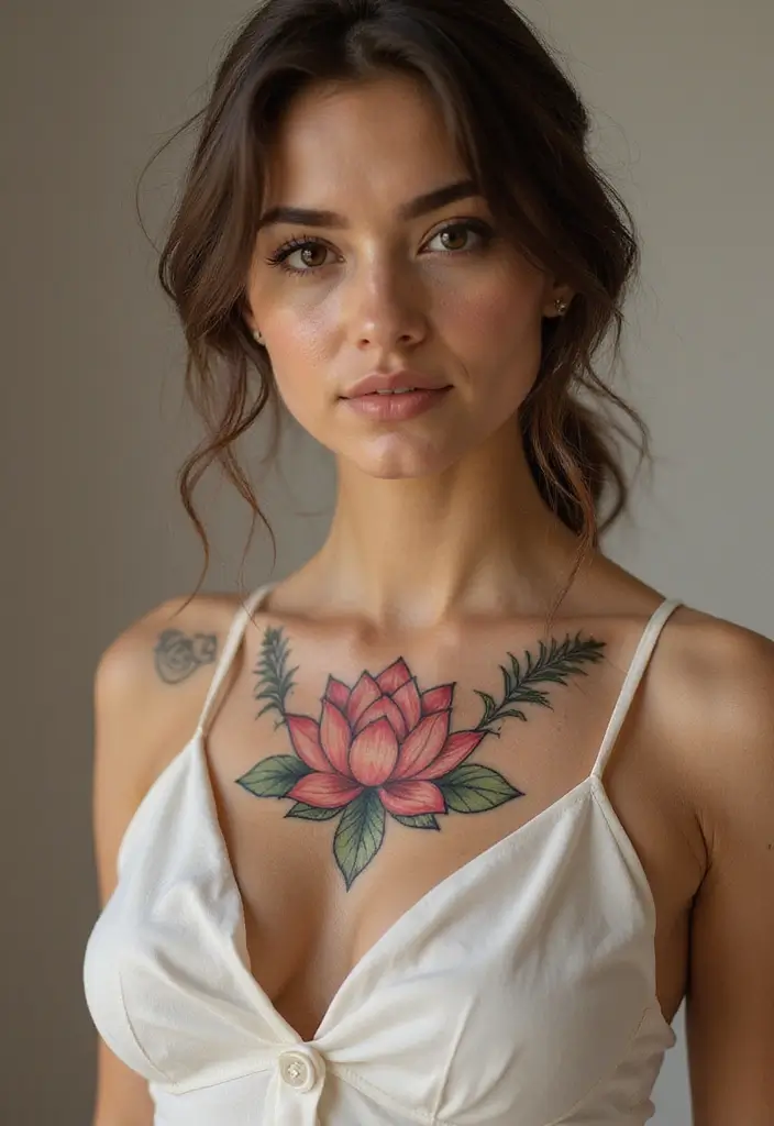 27 Elegant Chest Tattoos for Women: Meaningful & Artistic - 2. Lotus Flower Symbolism