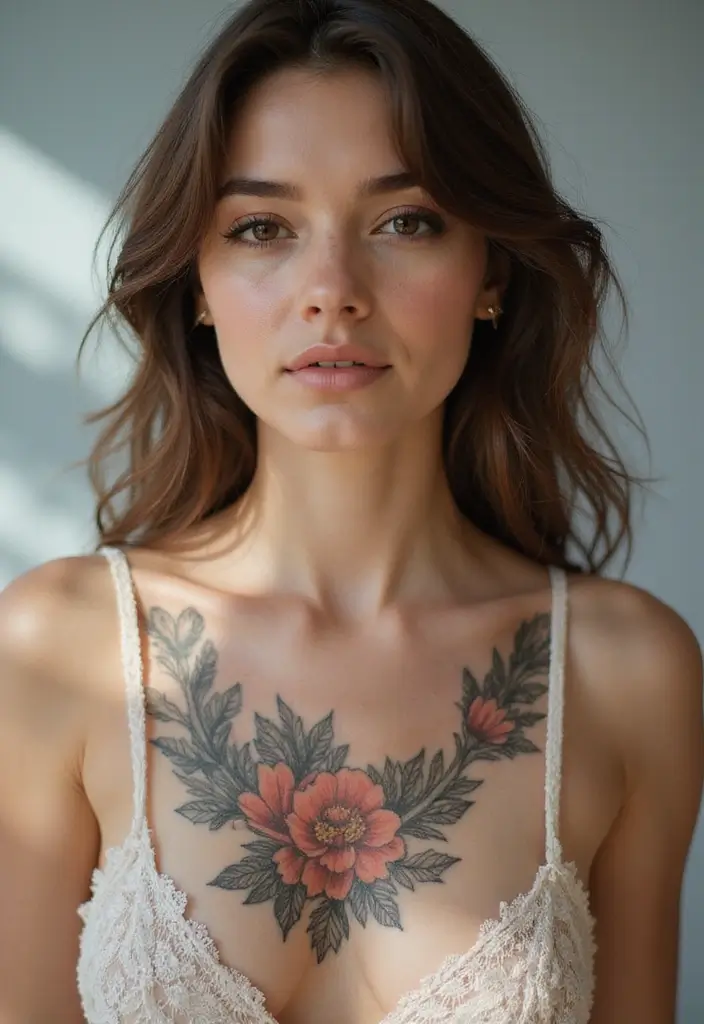 27 Elegant Chest Tattoos for Women: Meaningful & Artistic - 22. Elegant Floral Lace