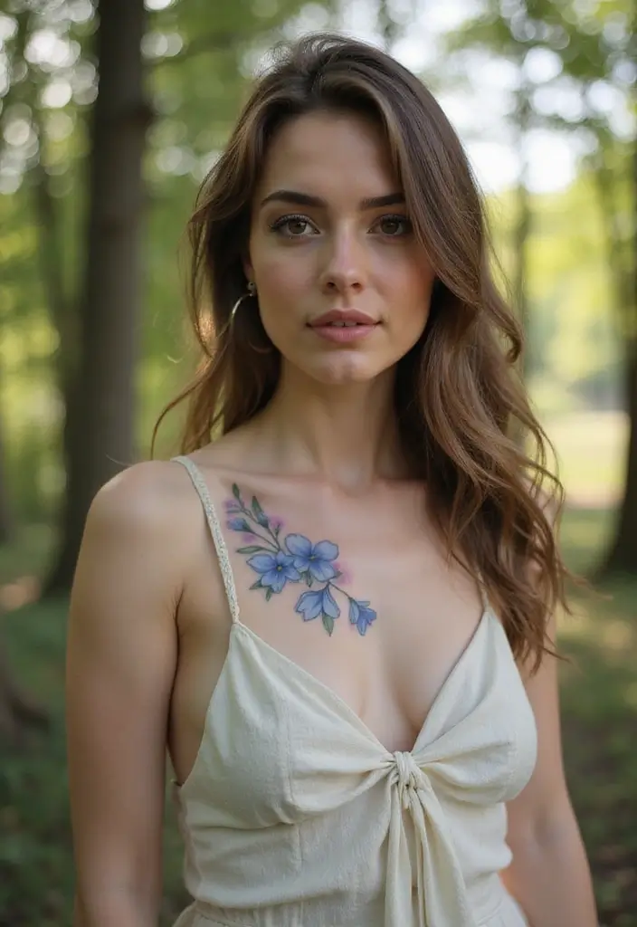 27 Elegant Chest Tattoos for Women: Meaningful & Artistic - 24. Bluebell Dreamscapes