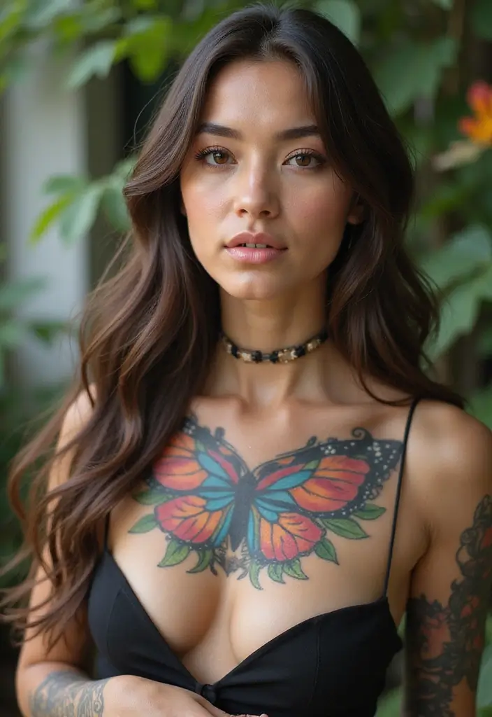 27 Elegant Chest Tattoos for Women: Meaningful & Artistic - 5. Butterfly and Flower Fusion