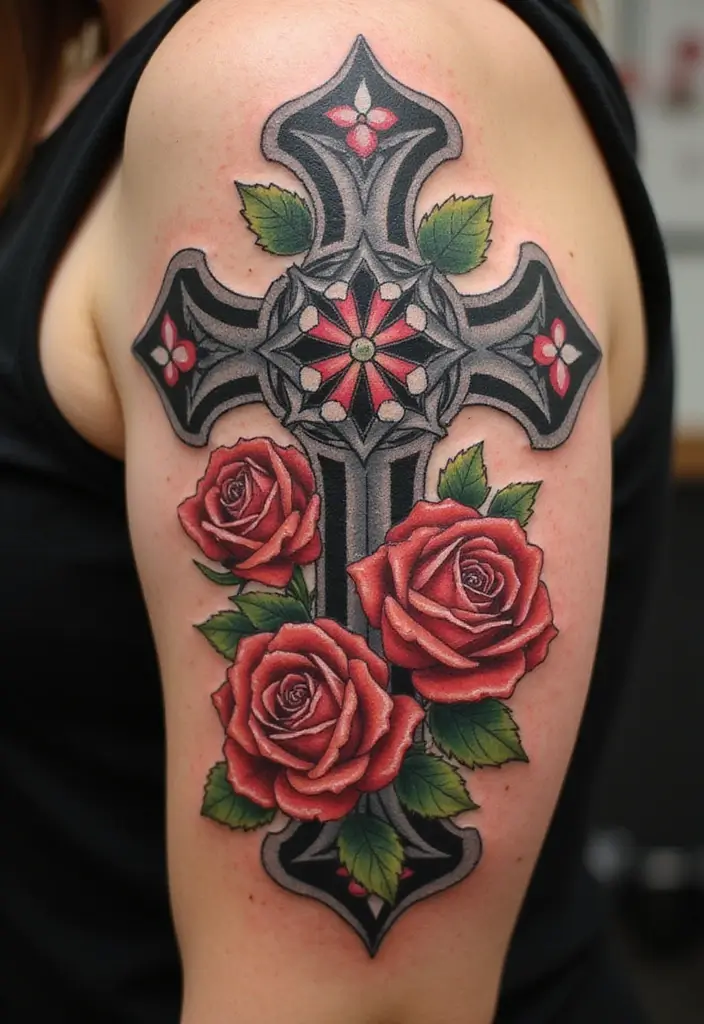 27 Powerful Christian Tattoos for Women: Faith-Filled Designs - 1. Cross with Roses