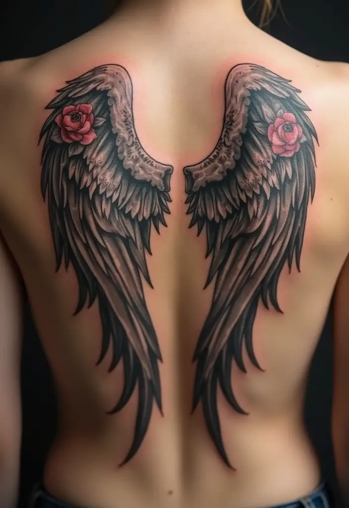 27 Powerful Christian Tattoos for Women: Faith-Filled Designs - 10. Angel Wings with Floral Accents