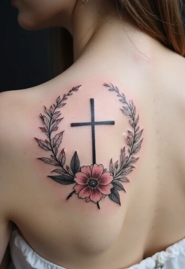 27 Powerful Christian Tattoos for Women: Faith-Filled Designs - 12. Simple Cross with Floral Wreath