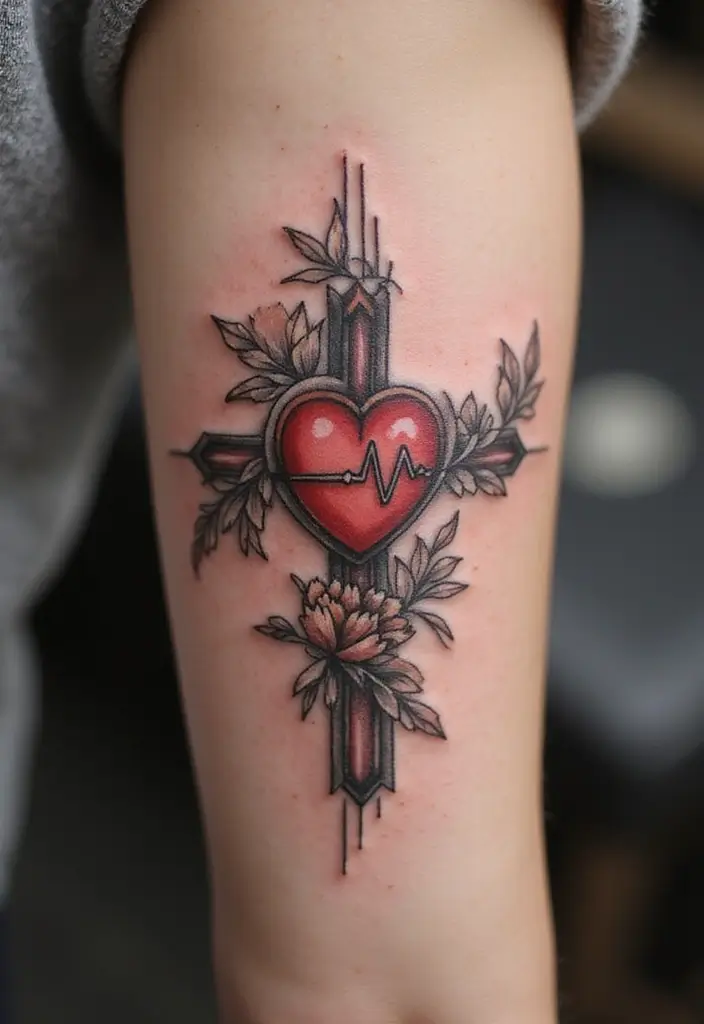 27 Powerful Christian Tattoos for Women: Faith-Filled Designs - 13. Heartbeat with Cross and Flowers