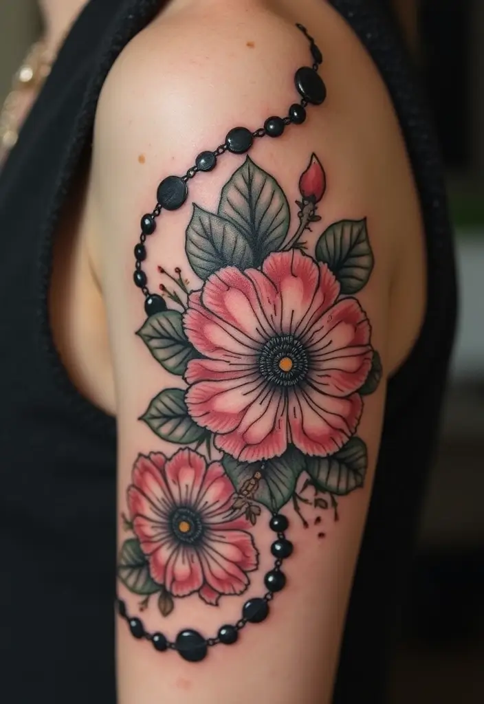 27 Powerful Christian Tattoos for Women: Faith-Filled Designs - 14. Floral Rosary Beads
