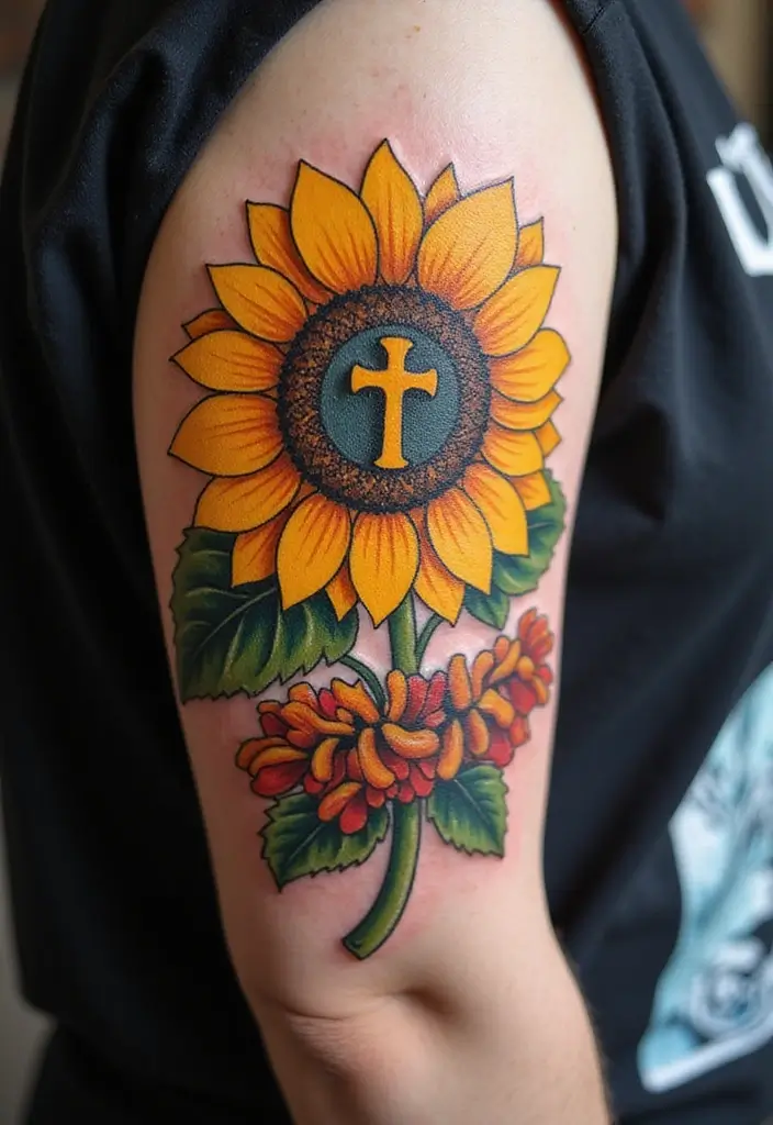 27 Powerful Christian Tattoos for Women: Faith-Filled Designs - 17. Sunflower with Faith Elements