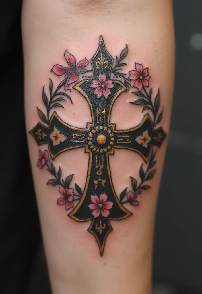 27 Powerful Christian Tattoos for Women: Faith-Filled Designs - 18. Floral Halo with Cross