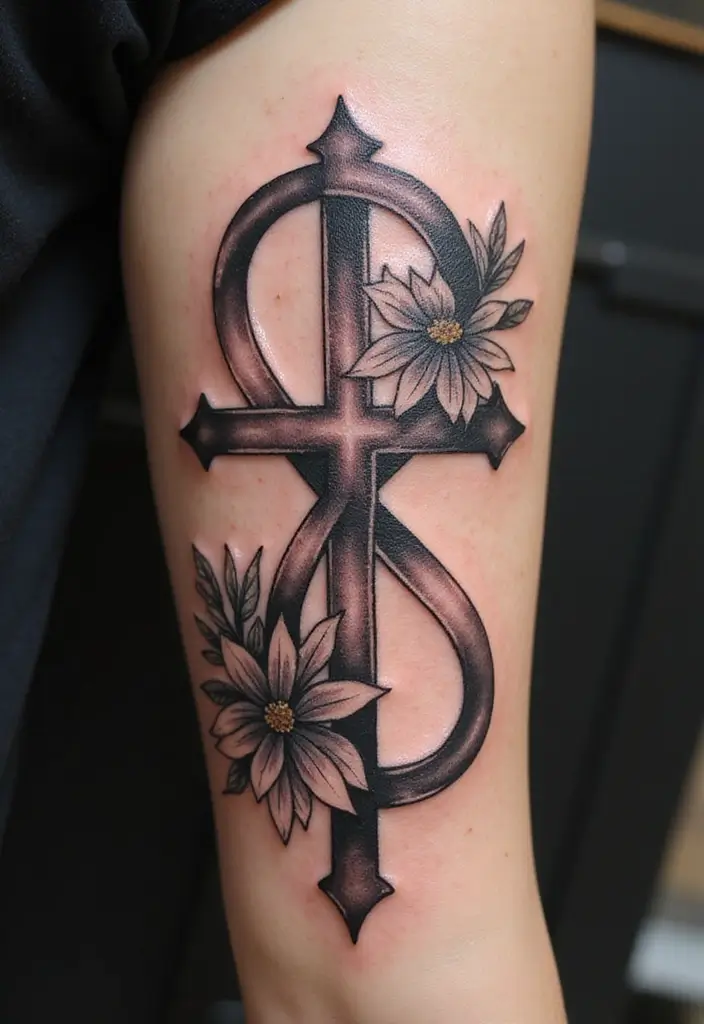 27 Powerful Christian Tattoos for Women: Faith-Filled Designs - 22. Infinity Cross with Flowers