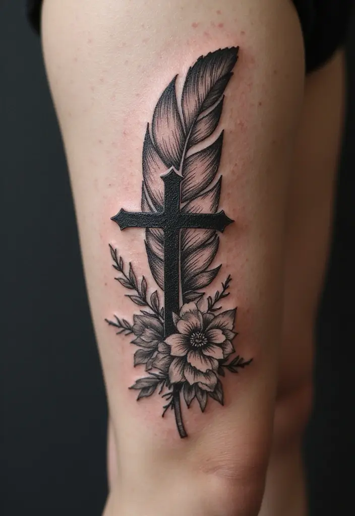 27 Powerful Christian Tattoos for Women: Faith-Filled Designs - 23. Feather with Cross and Flowers