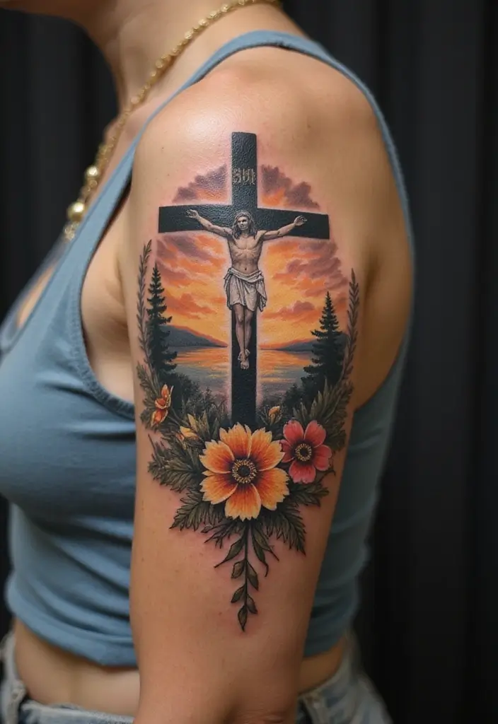 27 Powerful Christian Tattoos for Women: Faith-Filled Designs - 25. Serene Landscape with Christian Symbols