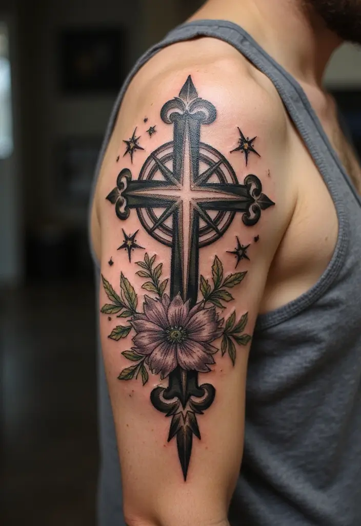 27 Powerful Christian Tattoos for Women: Faith-Filled Designs - 27. Star with Christian Symbols and Flowers
