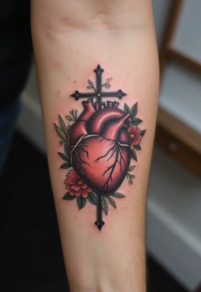 27 Powerful Christian Tattoos for Women: Faith-Filled Designs - 6. Heart with Cross and Flowers