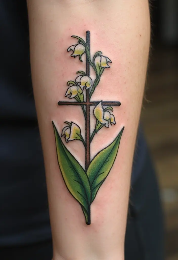 27 Powerful Christian Tattoos for Women: Faith-Filled Designs - 8. Lily of the Valley and Cross