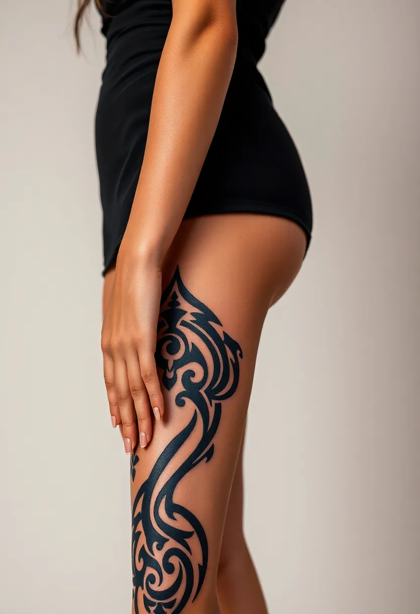 27 Striking Leg Tattoos for Women: Unique Ideas for Every Style - 11. Tribal Patterns