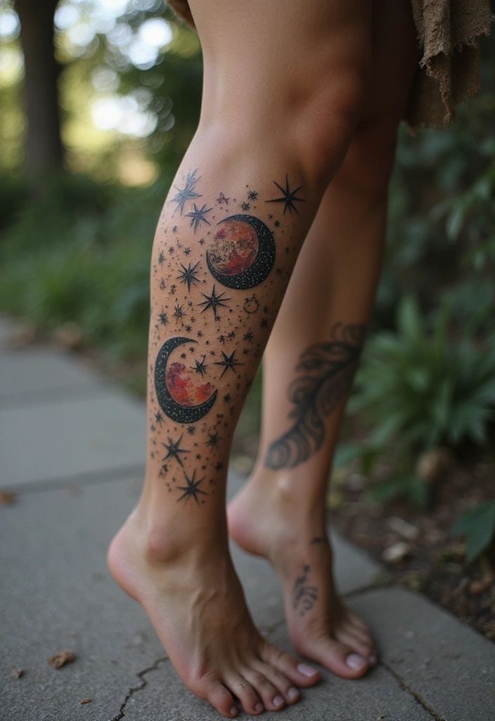 27 Striking Leg Tattoos for Women: Unique Ideas for Every Style - 5. Celestial Bodies