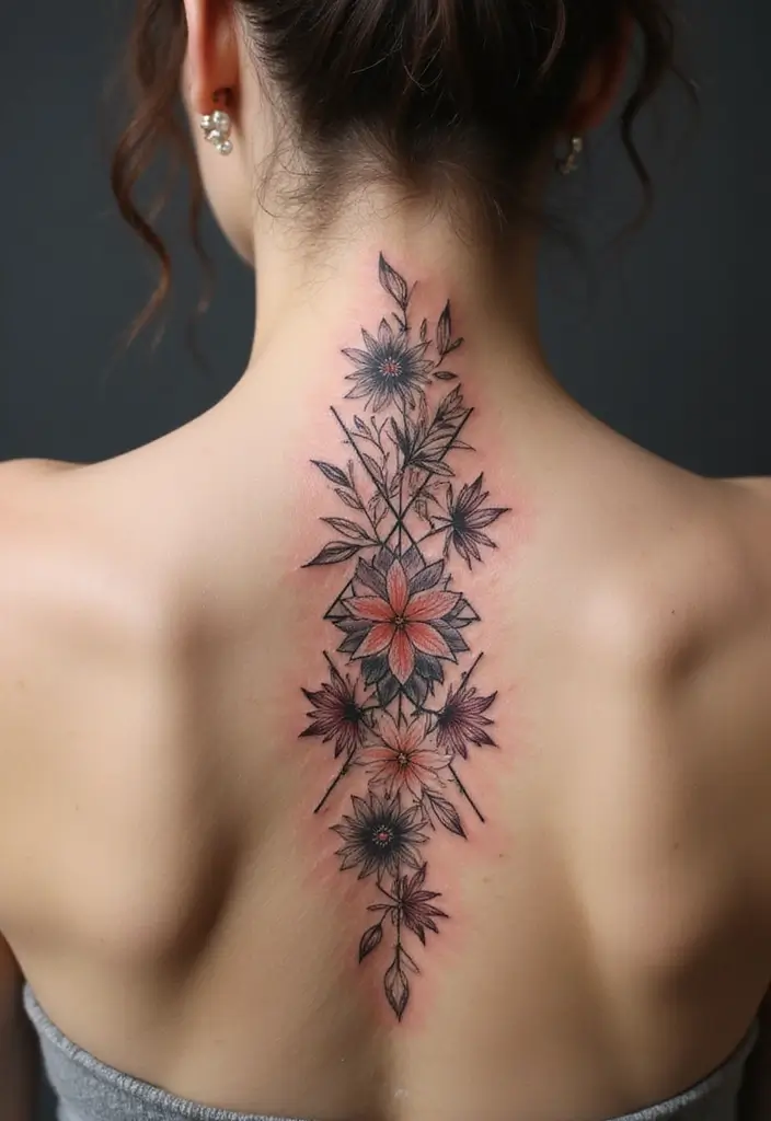 27 Stunning Spine Tattoos for Women to Inspire Your Next Ink - 14. Geometric Floral Designs