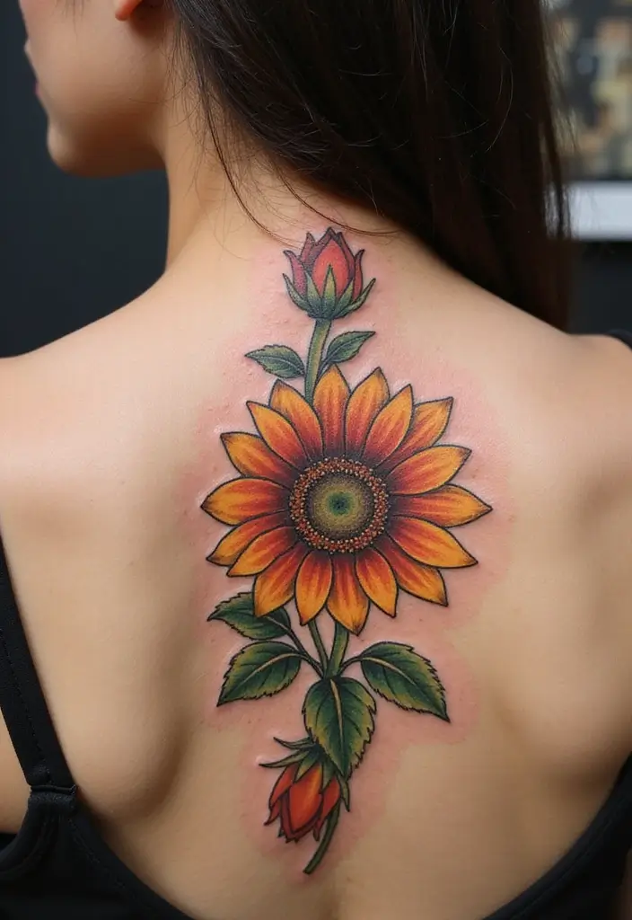 27 Stunning Spine Tattoos for Women to Inspire Your Next Ink - 15. Radiant Sunflowers