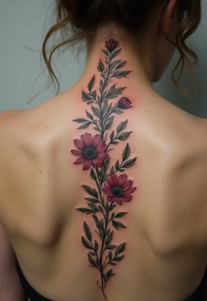 27 Stunning Spine Tattoos for Women to Inspire Your Next Ink - 18. Nature-Inspired Accents