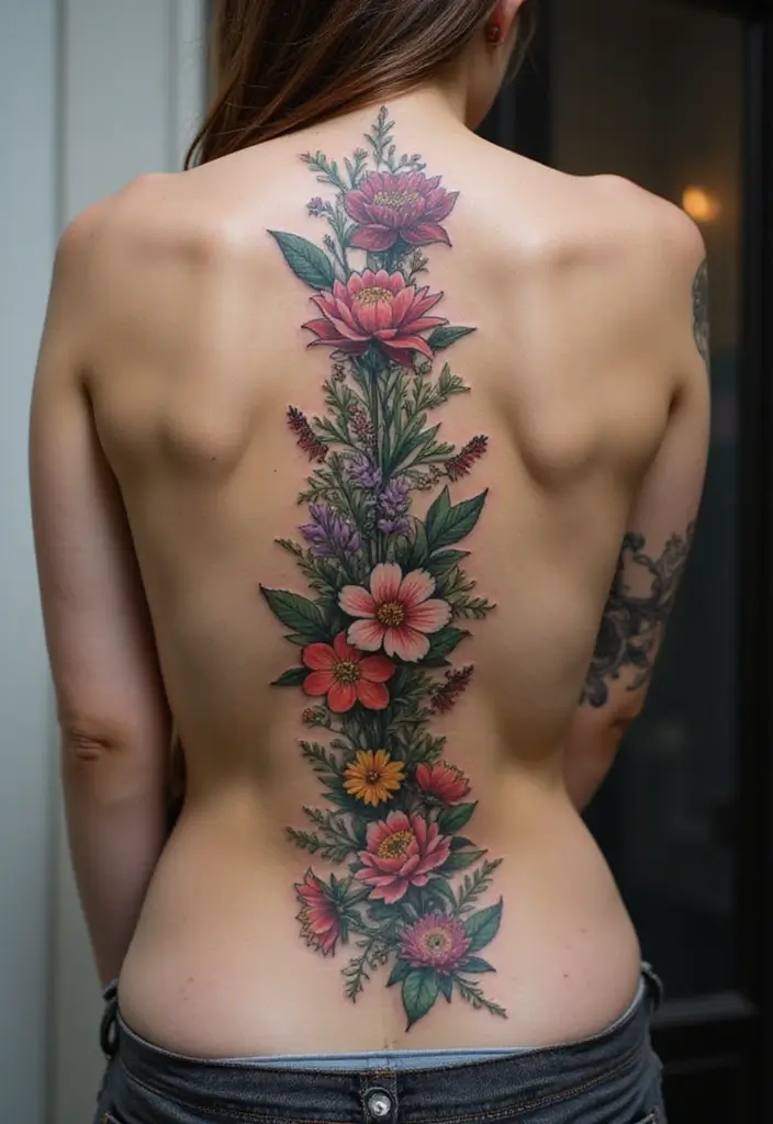 27 Stunning Spine Tattoos for Women to Inspire Your Next Ink - 19. Enchanting Garden Scenes