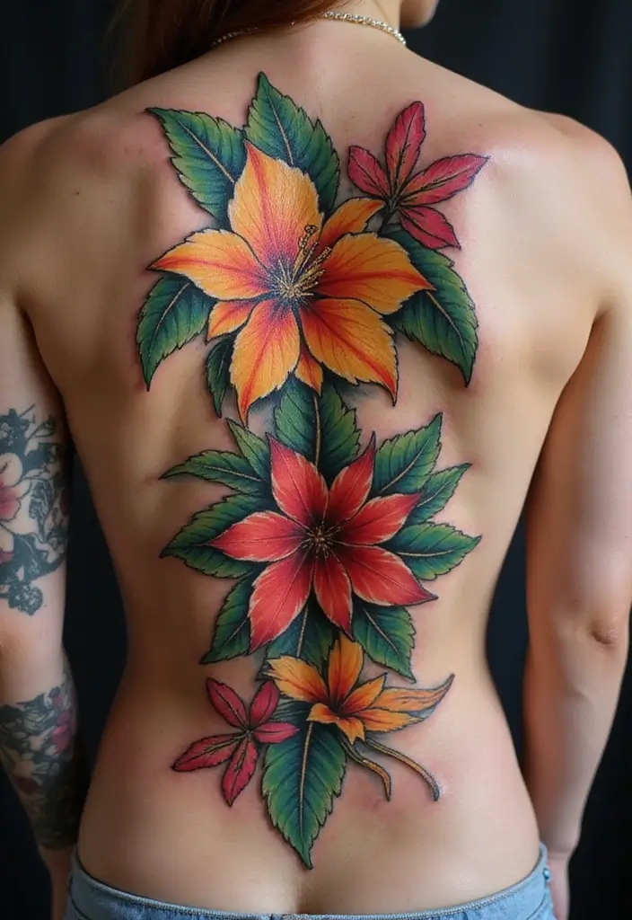 27 Stunning Spine Tattoos for Women to Inspire Your Next Ink - 21. Flamboyant Tropical Flowers