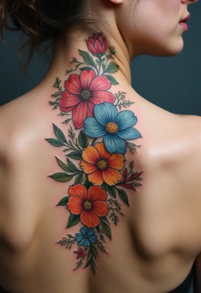 27 Stunning Spine Tattoos for Women to Inspire Your Next Ink - 25. Funky Floral Collages