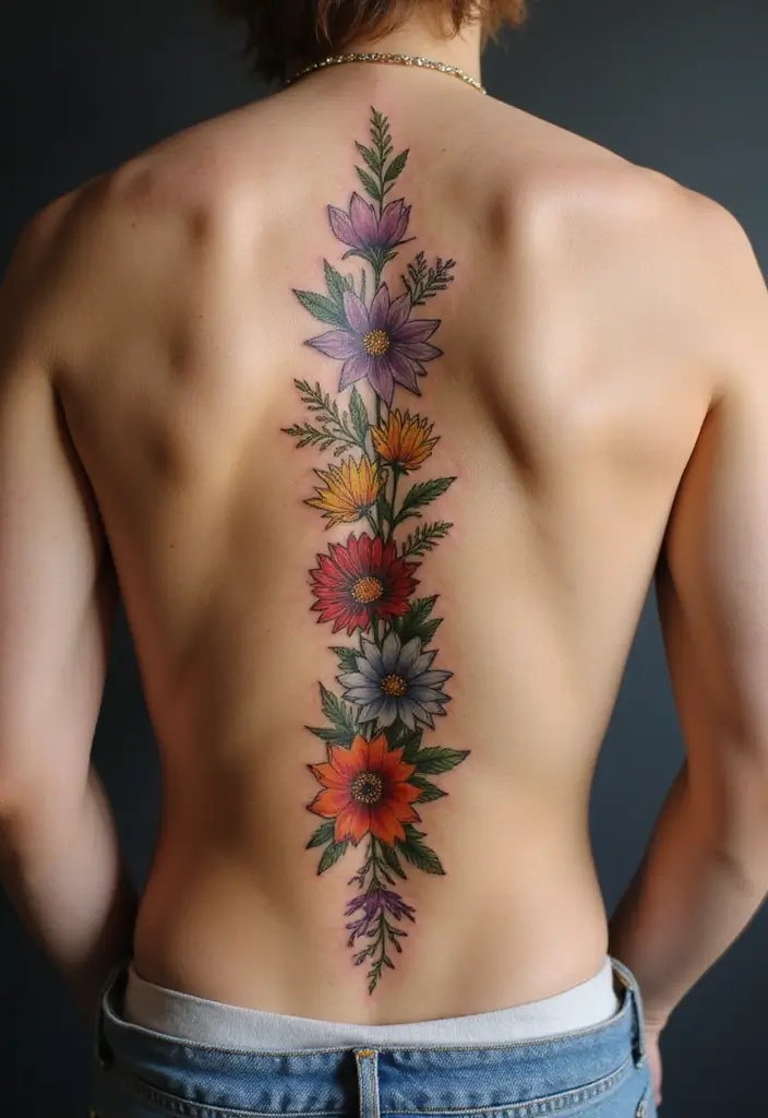 27 Stunning Spine Tattoos for Women to Inspire Your Next Ink - 4. Wildflower Bouquets